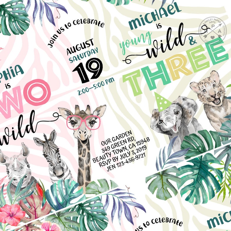 Op de afbeelding: Een jungle-thema verjaardagsuitnodiging voor een kind dat drie jaar wordt. De uitnodiging bevat een kleurrijke illustratie van een giraffe, zebra, neushoorn, olifant en leeuw. De tekst op de uitnodiging luidt "Michael is jong, wild & drie".