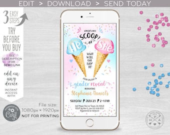 Ice cream scoop gender reveal baby electronic shower party invitation he or she smartphone e-vite digital invite. 400HPA E163 01 163HPA
