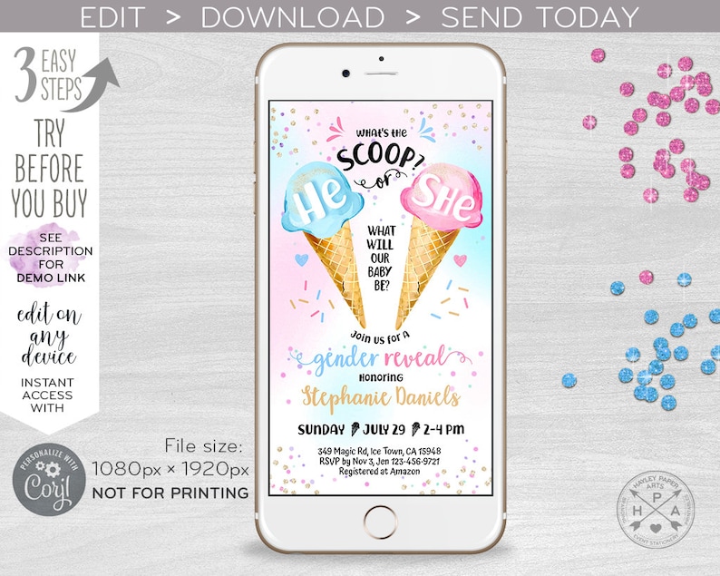 Ice cream scoop gender reveal baby electronic shower party invitation he or she smartphone evite digital invite 400HPA E163