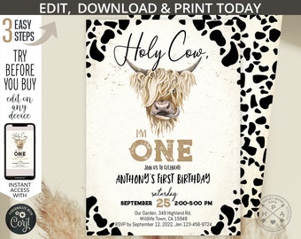 Holy cow birthday invitation I'm one highland cow ranch farm boy brown editable first 1st party invite. Selfeditable printable. 209HPA 09