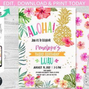 Hawaiian pineapple birthday invitation luau aloha tropical invite pool party first any age. Instant access to editable template. 187HPA 04