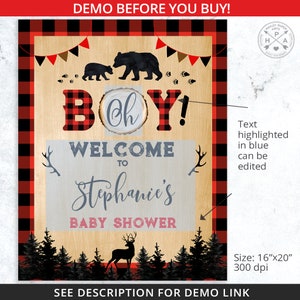 Puede incluir: Un fondo de cuadros rojos y negros con un letrero de madera que dice "&iexcl;Oh Boy! Bienvenida a la Baby Shower de Stephanie". El letrero est&aacute; decorado con osos, un ciervo y una escena de bosque. El texto "&iexcl;Oh Boy!" est&aacute; en una fuente de cuadros rojos y negros.