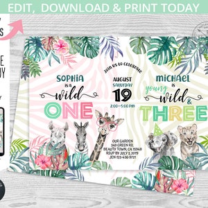 Safari joint party Wild girl ONE boy THREE birthday invitation first 1st 3rd jungle siblings animals greenery. Editable template. 125HPA 24