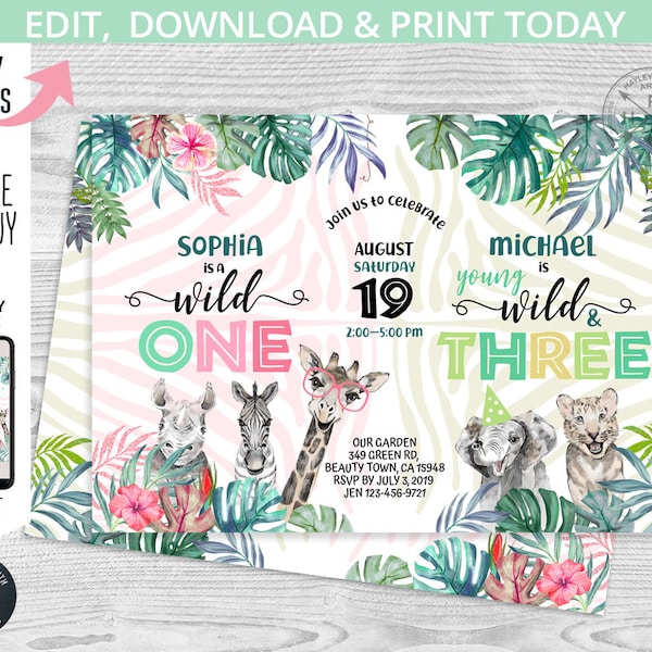 Safari joint party Wild girl ONE boy THREE birthday invitation first 1st 3rd jungle siblings animals greenery. Editable template. 125HPA 24