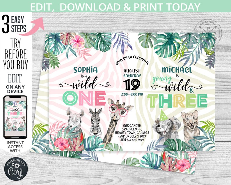 May include: Editable jungle-themed birthday party invitation with a zebra print background. The invitation features a pink and green "One" for a girl's first birthday and a green and yellow "Three" for a boy's third birthday. The invitation includes the names Sophia and Michael, the date August 19th, and the time 2:00-5:00 PM. The invitation also includes the location "Our Garden 349 Green Rd, Beauty Town, CA 15948" and the RSVP information "RSVP by July 3, 2019 JEN 123-456-9721".