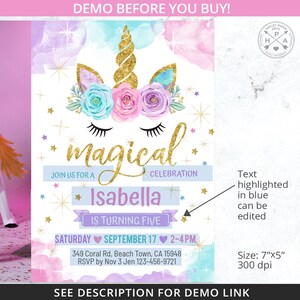 May include: A colourful invitation design with a unicorn illustration, gold glitter accents, and floral elements. The invitation announces a "magical celebration" for Isabella's fifth birthday, including the date, time, and location. The size is 17.78cm x 12.7cm.