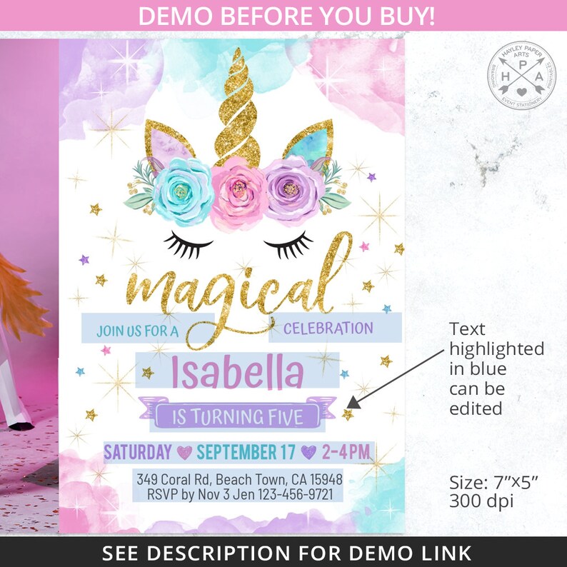 May include: A colourful invitation design with a unicorn illustration, gold glitter accents, and floral elements. The invitation announces a "magical celebration" for Isabella's fifth birthday, including the date, time, and location. The size is 17.78cm x 12.7cm.