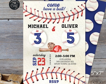 May include: Baseball-themed birthday party invitation with red, white, and blue colors. The invitation features a baseball stitch design, two baseballs with the numbers 3 and 5, a baseball bat, a glove, and a red baseball cap. The text reads "come have a ball!" "Michael & Oliver is 3 is 5" "saturday sep 23 2:00-5:00 PM OUR ARENA 349 GREENERY RD, SPORT TOWN, CA 15948" "RSVP by Aug 23, 2022 | Jen 123-456-9721".