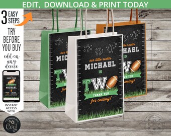 Football paper gift bag labels second birthday favor little rookie TWO sports party handle takeaway label. Editable printable. 217HPA 15 B