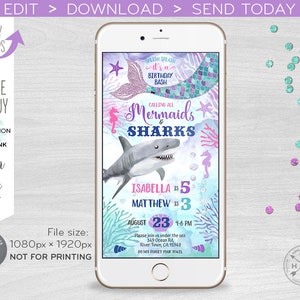 Invitación electrónica de cumpleaños conjunta de Sirenas y Tiburones bajo el mar para dos hermanos, invitación digital en línea para smartphone. E062 01 062HPA imagen 1