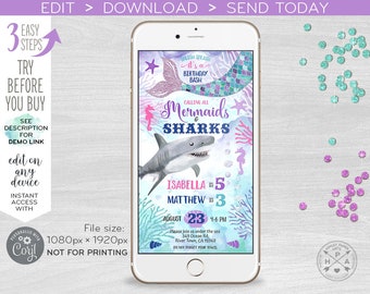 Mermaids and Sharks electronic joint birthday under sea double siblings invitation smartphone e-vite online digital invite. E062 01 062HPA