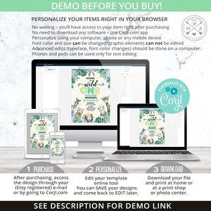 K&ouml;nnte beinhalten: Ein digitales Mockup, das zeigt, wie man eine &bdquo;Wild One&ldquo;-Einladung zum ersten Geburtstag mithilfe der Website Corjl.com personalisiert. Die Einladung hat ein gr&uuml;nes, gelbes und braunes Dschungeltier-Thema mit einer Giraffe, einem L&ouml;wen und einem Zebra. Der Text auf der Einladung lautet &bdquo;Michael is Wild One Michael's First Birthday&ldquo;.