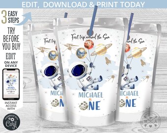 Space juice bag label, capri juice bags, astronaut juice pouch, first birthday ONE galaxy planets moon party editable template. 153HPA 18 B