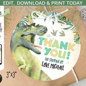 Dinosaurus bedankje gunst cadeaulabel 3x3 derde drie rex twee rex dino vier dino-mijt T-Rex jongen verjaardagslabel. Bewerkbare afdrukbare. 132HPA 08 A