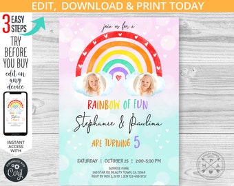 Regenbogen Zwillinge Geburtstagseinladung leuchtende Farben lustige Wolken Aquarell Herzen Schwestern Mädchen Partyeinladungen. Bearbeitbar printable 183HPA 04