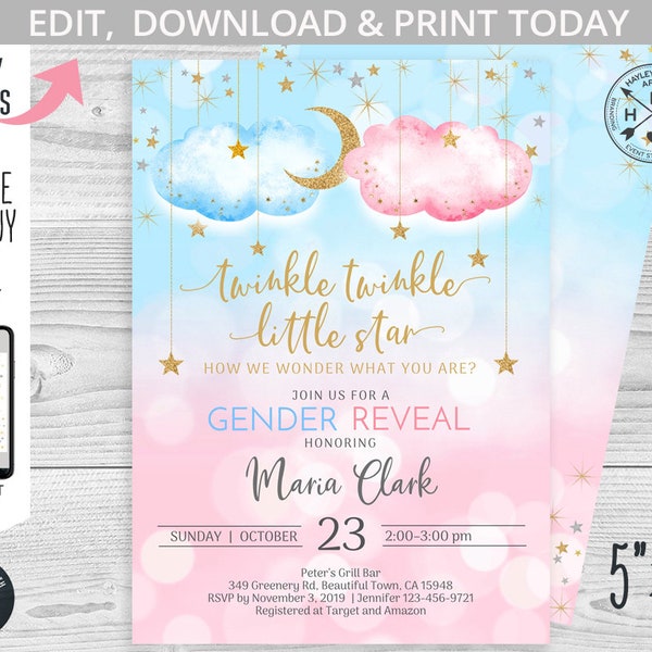 Twinkle twinkle little star gender reveal baby shower pink blue clouds stars invitation. Instant access to selfeditable template. 177HPA 03