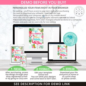 May include: A digital printable sign for a flamingo pool party. The sign is pink, blue, and green with a flamingo and tropical leaves. The text on the sign reads "Let's Flamingle at Olivia's Pool".