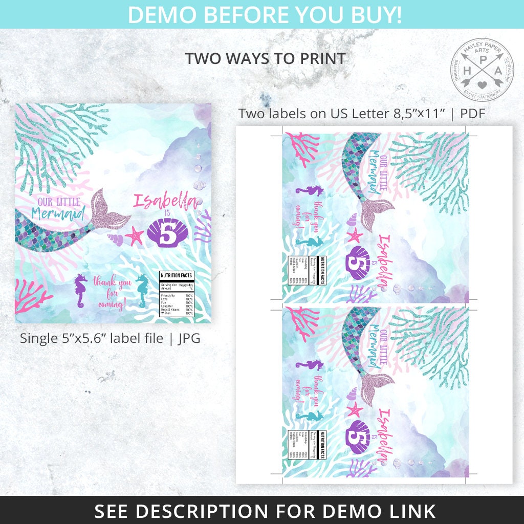 Mermaid Chocolate Bar Wrapper Birthday Celebration Candy Label Glitter ...