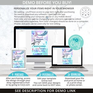 May include: A digital design template for a mermaid and shark themed birthday party. The template features a blue and purple background with a mermaid and sharks. The text on the template says "Welcome to Amanda & Matthew's Birthday Party".