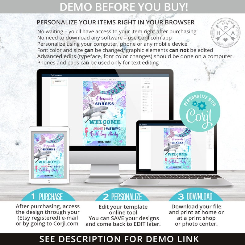 May include: A digital design template for a mermaid and shark themed birthday party. The template features a blue and purple background with a mermaid and sharks. The text on the template says "Welcome to Amanda & Matthew's Birthday Party".