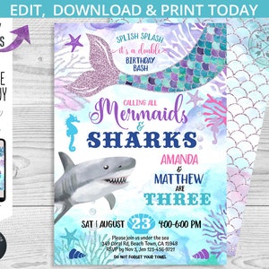 Mermaids and Sharks twins birthday under the sea siblings invitation purple navy girl boy double party invite. Editable template. 062HPA 05