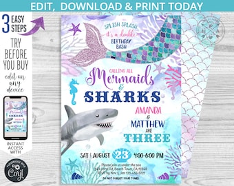 Mermaids and Sharks twins birthday under the sea siblings invitation purple navy girl boy double party invite. Editable template. 062HPA 05
