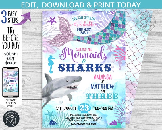 Mermaids and Sharks twins birthday under the sea siblings invitation purple navy girl boy double party invite. Editable template. 062HPA 05 Il_570xn
