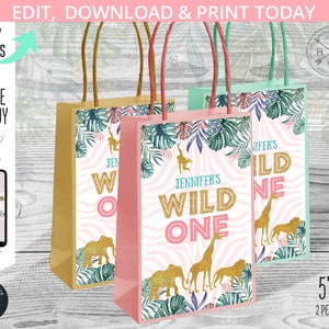 WILD ONE jungle party animals etykiety na papierowe torby złoto różowe safari pierwsze urodziny upominek uchwyt etykieta na wynos. Szablon do edycji. 041HPA 65 A