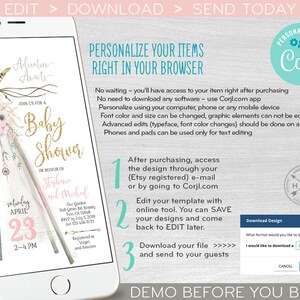 May include: A digital invitation for a baby shower with a pink and white teepee design. The invitation says "Join us for a Baby Shower" in gold glitter letters. The text "Saturday, April 23, 2-4 PM" is in pink and white. The invitation is for Stephence and Michael. The invitation is customizable using Corjl.com.
