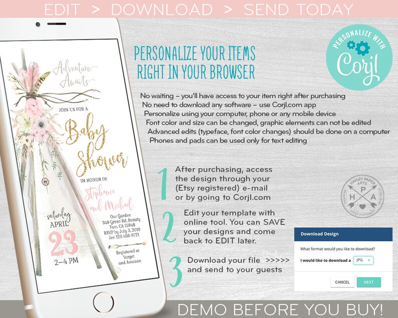 May include: A digital invitation for a baby shower with a pink and white teepee design. The invitation says "Join us for a Baby Shower" in gold glitter letters. The text "Saturday, April 23, 2-4 PM" is in pink and white. The invitation is for Stephence and Michael. The invitation is customizable using Corjl.com.