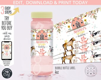 May include: Printable 4 oz bubble bottle label with a pink barn, farm animals, and the text "Audrey's Second Birthday".