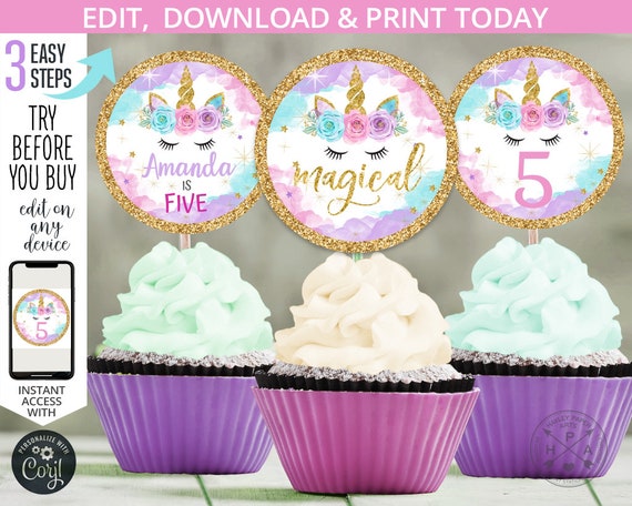 unicorn cupcake toppers 2x2 gold magical purple pink first any etsy