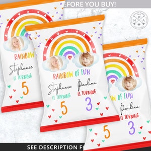 May include: Two white chip bags with a rainbow design and a photo of a child. The text on the bags reads "Rainbow of Fun" and includes the names Stephanie and Paulina, along with their ages 5 and 3.