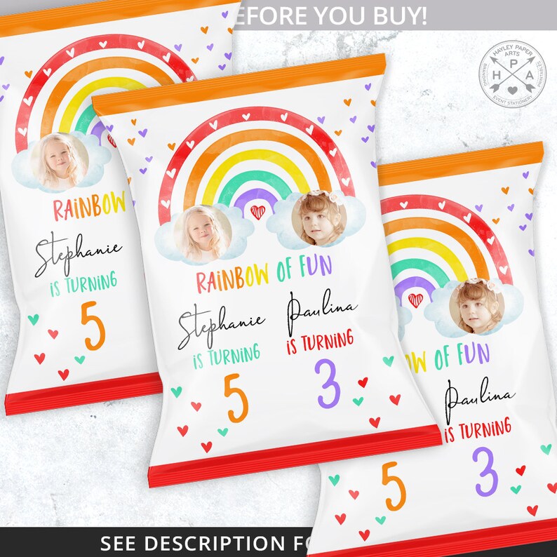 May include: Two white chip bags with a rainbow design and a photo of a child. The text on the bags reads "Rainbow of Fun" and includes the names Stephanie and Paulina, along with their ages 5 and 3.