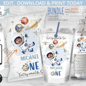 May include: A bundle of party supplies with a space theme, including chip bags, juice bags, and water bottle labels. The design features an astronaut with planets and the text "Michael is One" and "First trip around the Sun."