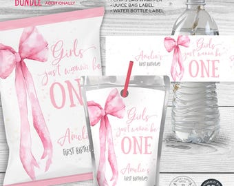 Coquette pink bow 1st birthday bundle, girls wanna be ONE, whimsical chips bag juice water bottle labels Editable printables. 270HPA 30