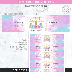 May include: Printable labels for a magical baby shower. The labels feature a unicorn with a pink and blue watercolor background and gold glitter accents. The text on the labels reads "magical baby shower" and "in honor of Jennifer".