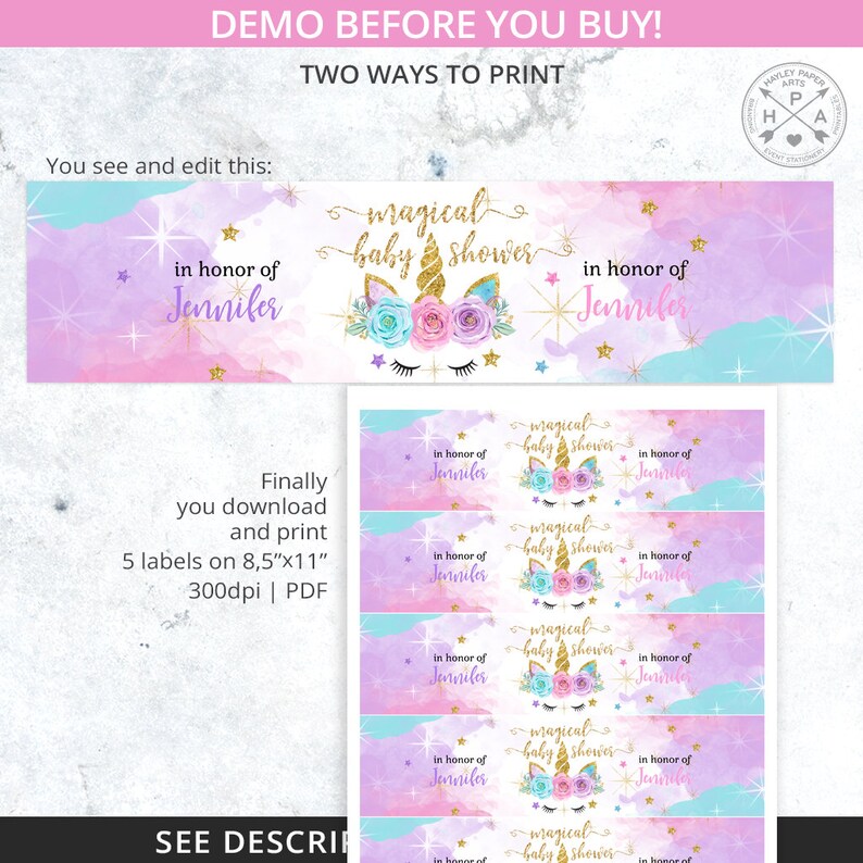 May include: Printable labels for a magical baby shower. The labels feature a unicorn with a pink and blue watercolor background and gold glitter accents. The text on the labels reads "magical baby shower" and "in honor of Jennifer".