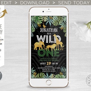 Jungle wild one electronic invitation gold safari animals birthday smartphone e-vite digital invite Instant download 400HPA 01 E040 C 040HPA
