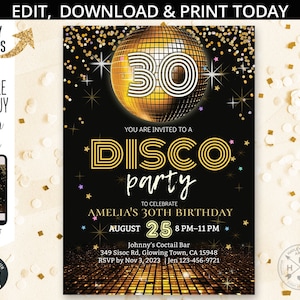 Fiesta disco, bola disco dorada, invitación a fiesta de baile de cumpleaños, confeti de brillo de oro negro de aniversario para adultos. Imprimible digitalmente. 220HPA 02