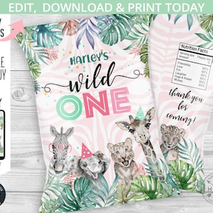 Jungle safari wild one chip bag, snacks treats bags, party animals bags, chips pouch, favors, first birthday editable tempalte. 125HPA 30 A