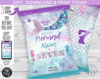 Mermaid chip bag, snacks treat bags, chips pouch, wrapper, under the sea, purple aqua, any age birthday party editable template. 060HPA 17 F