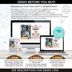 Pu&ograve; includere: Un modello di invito digitale per una festa di compleanno a tema baseball. Il modello presenta un design di baseball rosso, bianco e blu con un motivo di baseball cucito. Il testo sul modello recita "Vieni a festeggiare con Michael che compie 8 anni" e "Sabato 23 settembre, 14:00-17:00".
