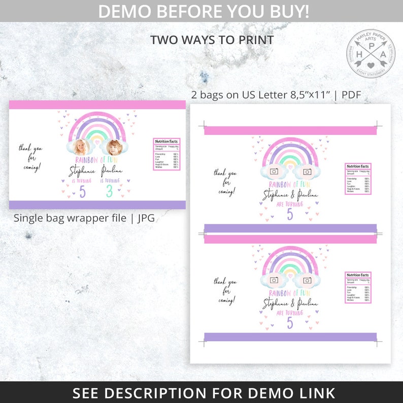 May include: Printable party favor bag design featuring a rainbow with clouds and a camera, with the text "Rainbow of Fun Stephanie & Pauline are turning 5". The design is in pink, purple, and blue colors.