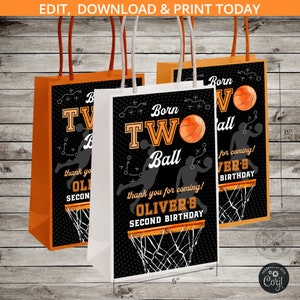Étiquette de sac cadeau en papier de basket-ball pour le deuxième anniversaire du ballon, cadeau pour petite recrue, poignée de fête sportive à emporter. Conception modifiable. 252 HPA 17 A