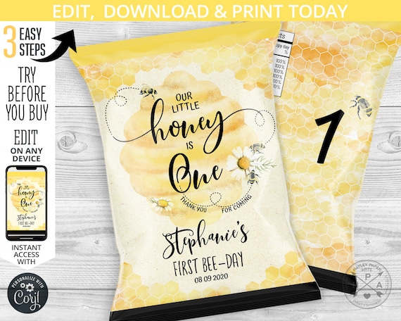 Bee chip bag, snacks treat bags, honey bee one, favor chips bag, chips pouch, first bumble bee birthday party editable template. 059HPA 17 A Il_570xn