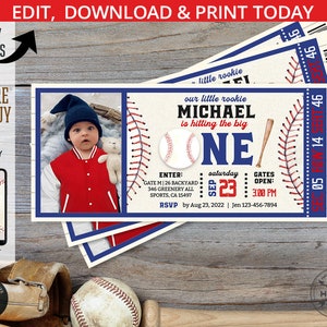 Invitation de billet de baseball premier anniversaire UNE fête de garçon rouge bleu marine inviter la recrue de l'année jeu de balle de sport. Conception modifiable. 191HPA 44A