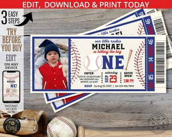 Baseball ticket invitation first birthday ONE navy blue red boy party invite rookie of year sports ball game. Editable design. 191HPA 44 A