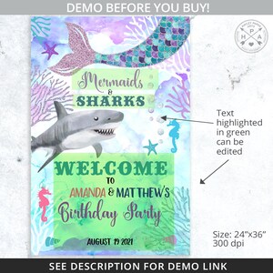 May include: A welcome sign for a mermaid and shark themed birthday party. The sign is decorated with a mermaid tail, a shark, and seahorse. The text on the sign reads "Mermaids & Sharks Welcome to Amanda & Matthew's Birthday Party August 19, 2021".