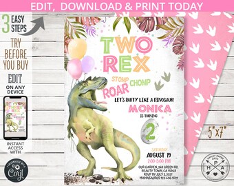 May include: A pink and green dinosaur birthday party invitation with a green dinosaur illustration, balloons, and the text "Two Rex Stomp Chomp Roar". The invitation is for Monica's 2nd birthday party and includes the date, time, and location.